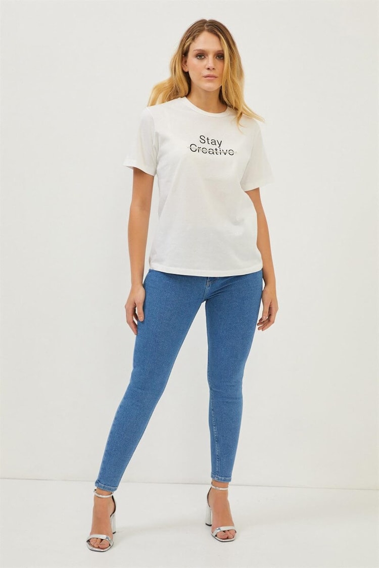 Ekru Slogan Baskılı T-ShirtST070S71285001