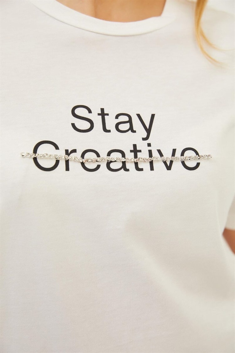 Ekru Slogan Baskılı T-ShirtST070S71285001