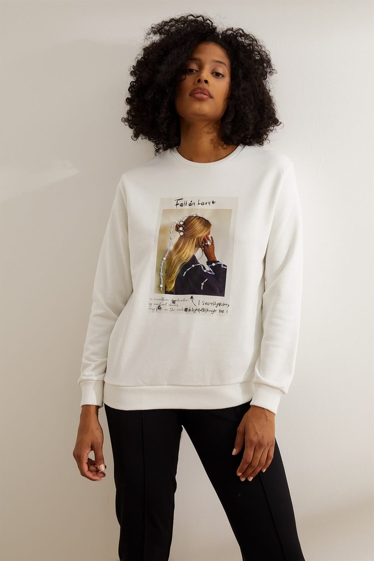 Ekru Slogan Yazılı SweatshirtST060W7207701