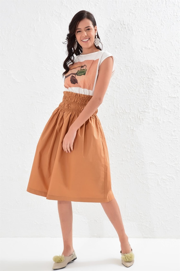 Ekru-Tarçın Yaka Baskılı Kolsuz Color Block Beli Oturan Diz Altı Boy Pamuk ElbiseST050S4058901