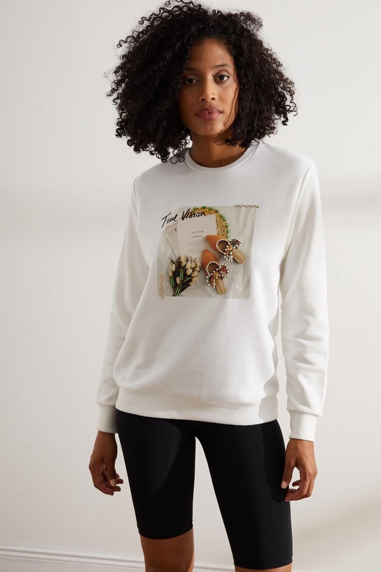 Ekru Time Vision Slogan Baskılı SweatshirtST060W7208101