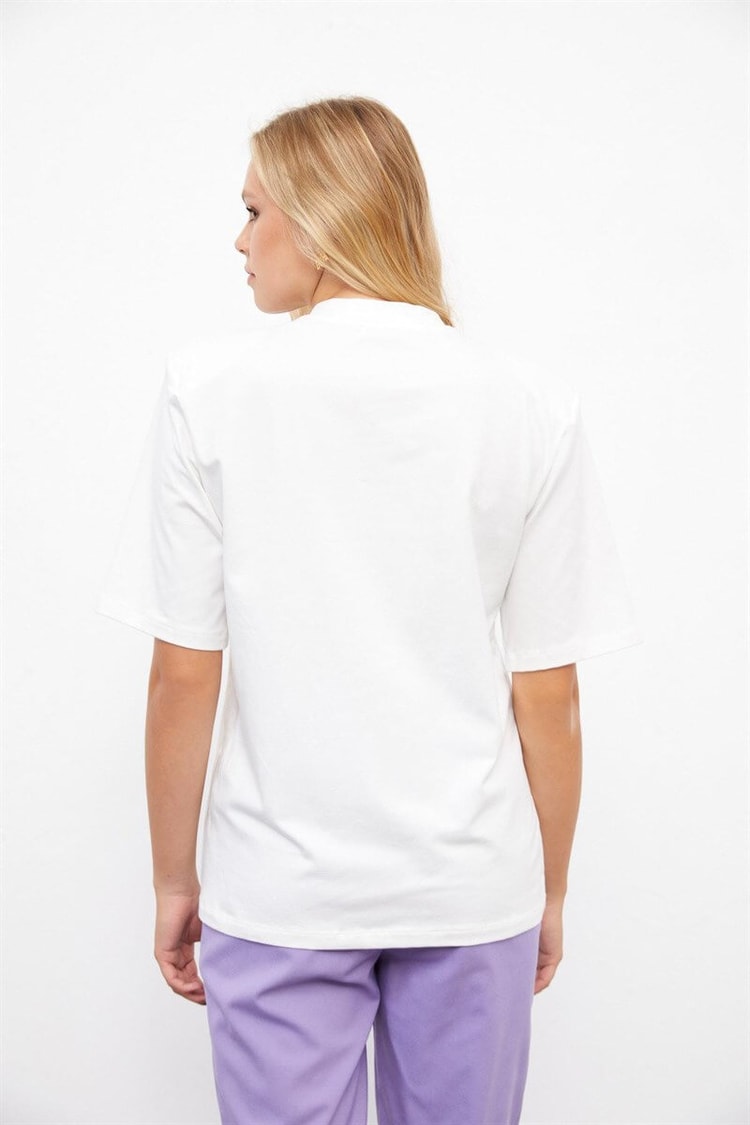 Ekru Vatkalı Bisiklet Yaka T-ShirtST060W71209001