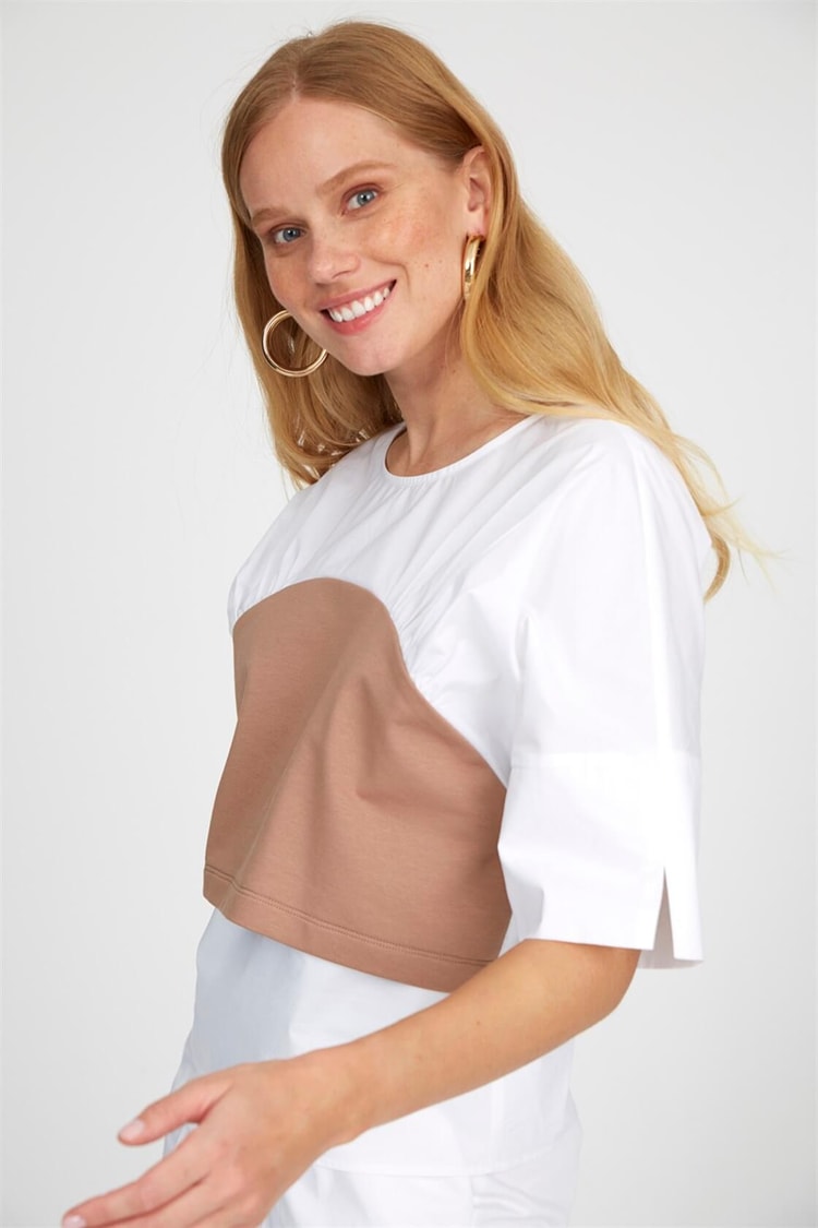 Ekru-Vizon Bisiklet Yaka Kumaş Mixli Yarım Kol Basen Boy Pamuk T-ShirtST050S7109701