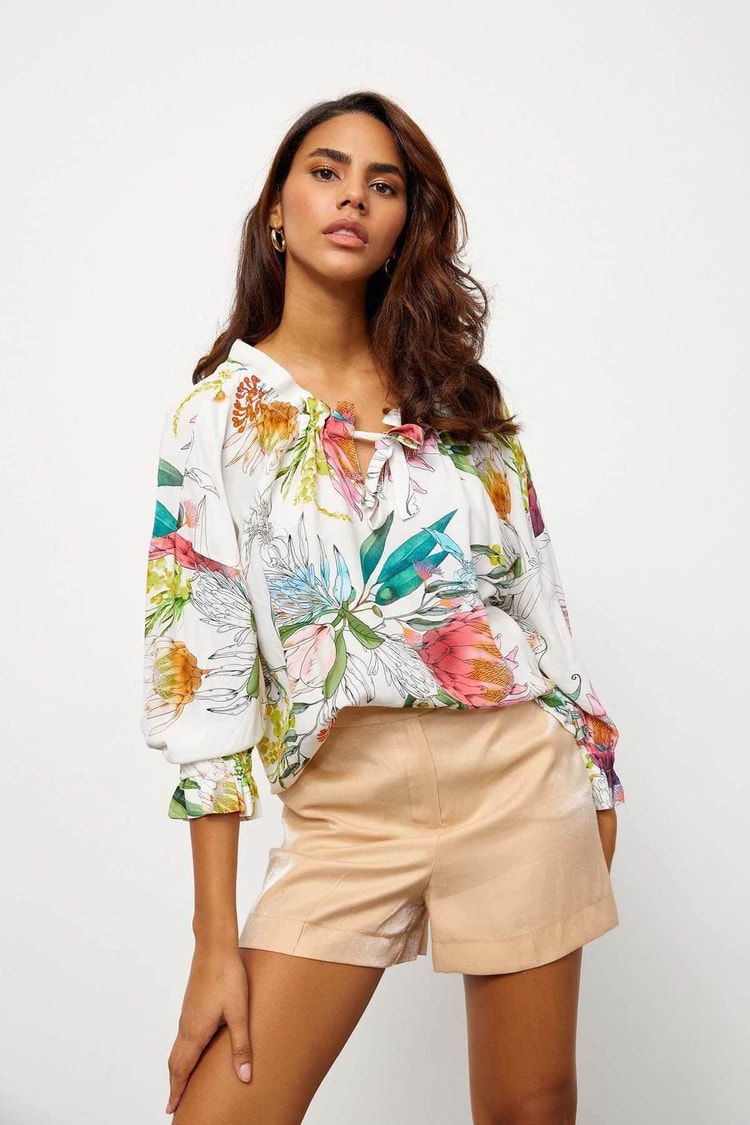 Ekru Yakası Bağcık Floral Desen BluzST060S30616001