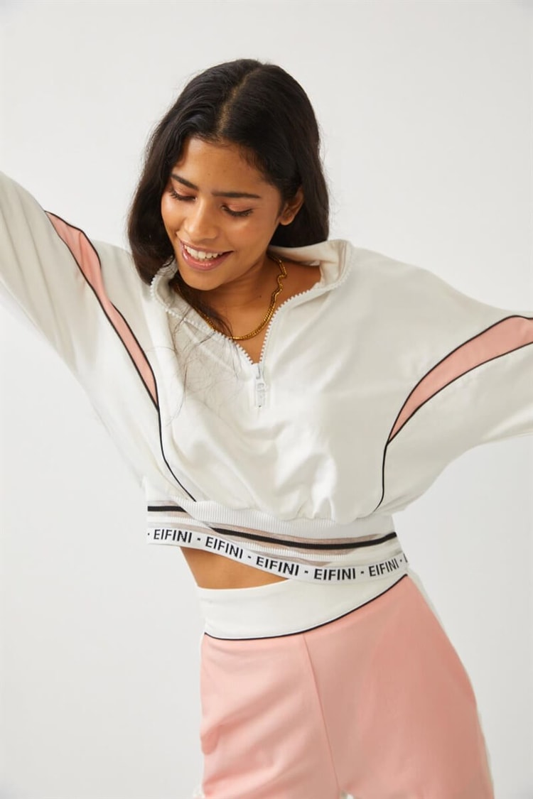Ekru-Yavru Ağzı Blok Desenli Fermuarlı S-Shirt Lastikli Bol Paça Pantolon TakımST060S72122002