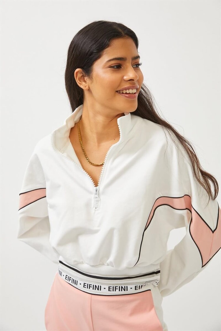 Ekru-Yavru Ağzı Blok Desenli Fermuarlı S-Shirt Lastikli Bol Paça Pantolon TakımST060S72122002