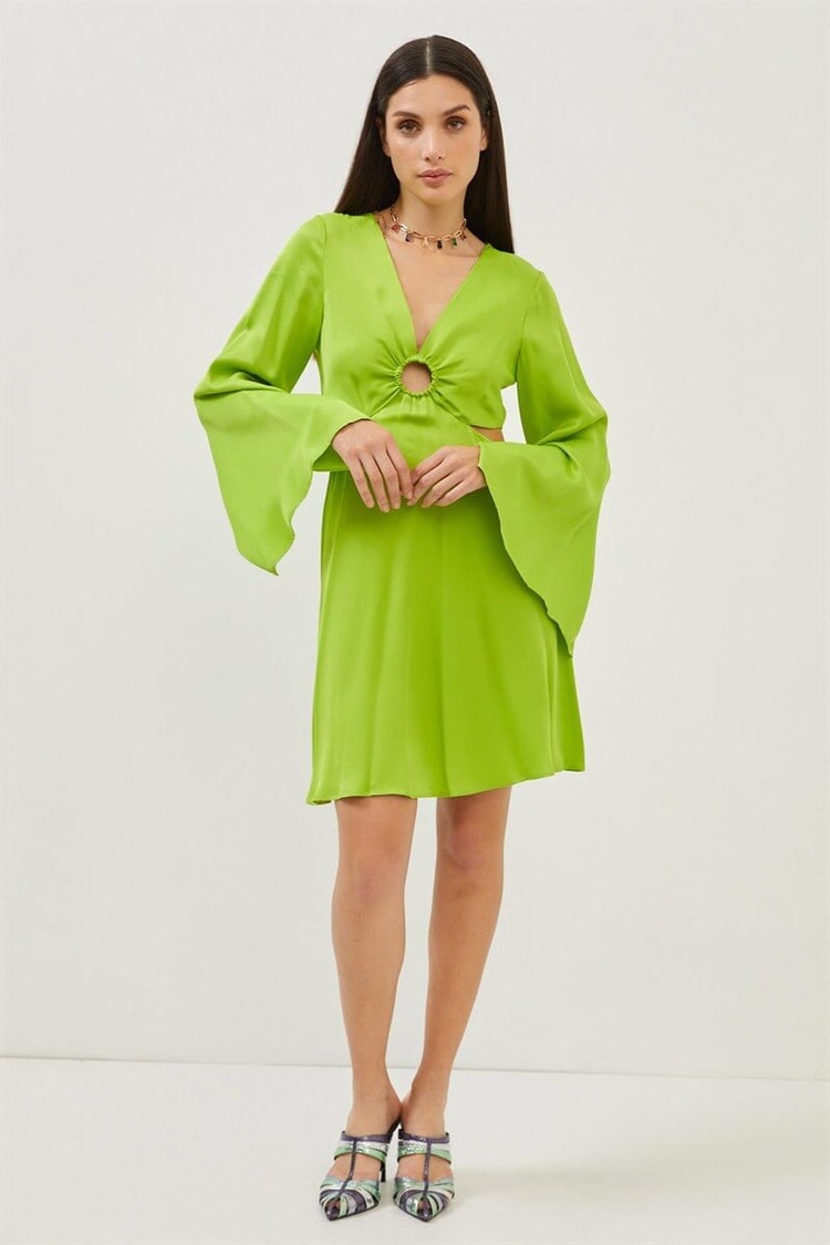 Fıstık Yeşili Cut Out Detaylı Uzun Kol Mini ElbiseST070S40157601