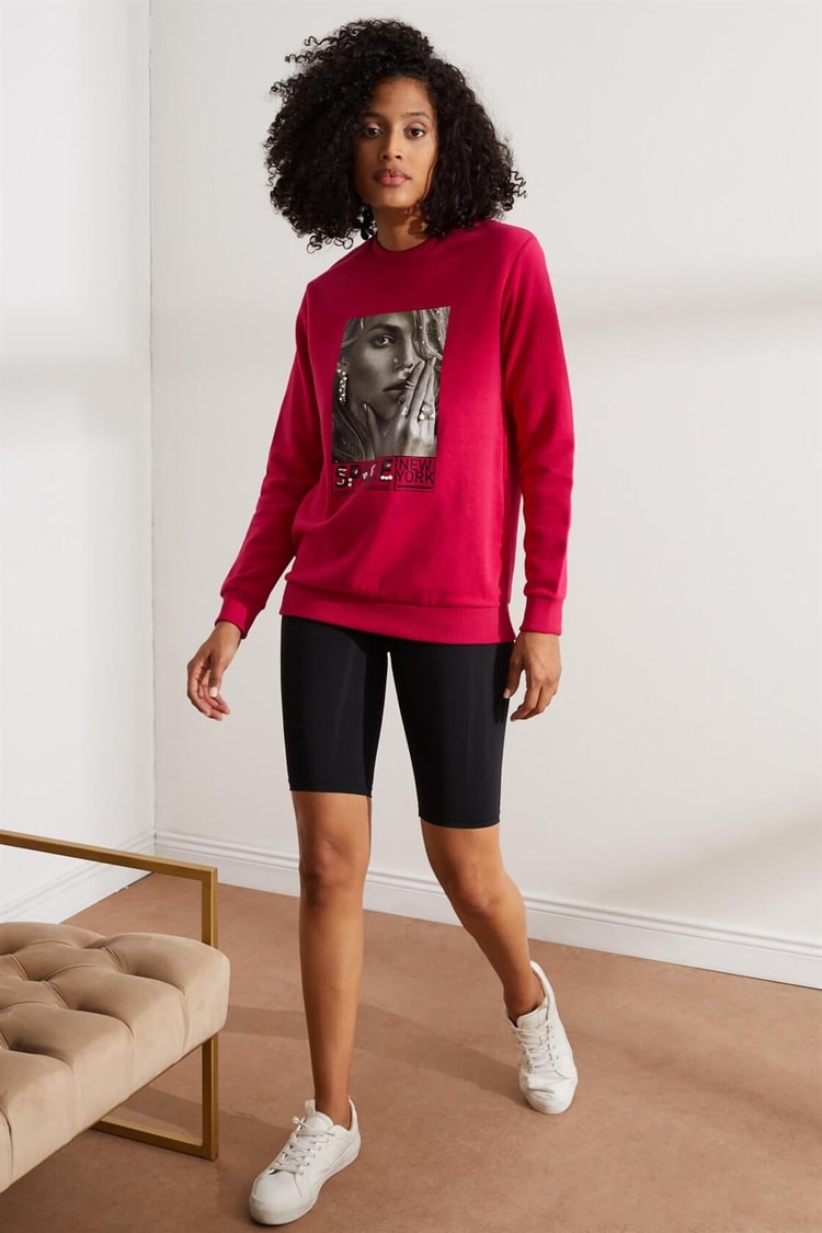 Fuşya Baskılı Ve Taşlı SweatshirtST060W7207702