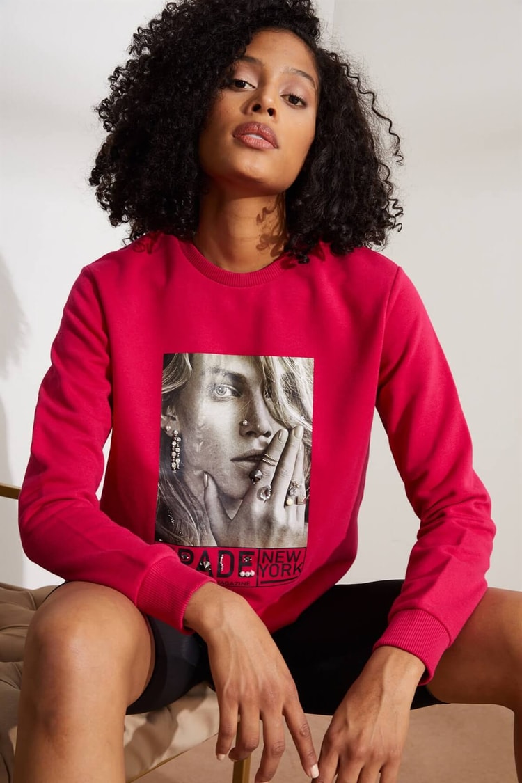 Fuşya Baskılı Ve Taşlı SweatshirtST060W7207702