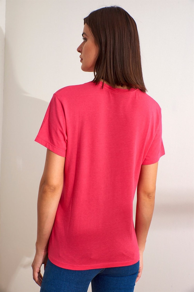 Fuşya Bisiklet Yaka Kısa Kol Baskılı Pamuk T-ShirtST050S7115101