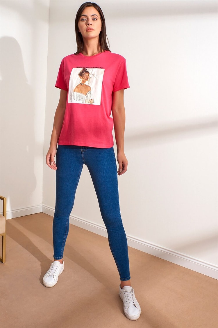 Fuşya Bisiklet Yaka Kısa Kol Baskılı Pamuk T-ShirtST050S7115101