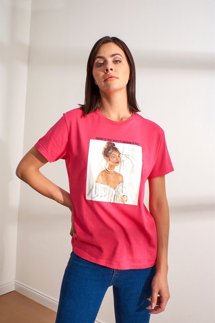 Fuşya Bisiklet Yaka Kısa Kol Baskılı Pamuk T-ShirtST050S7115101