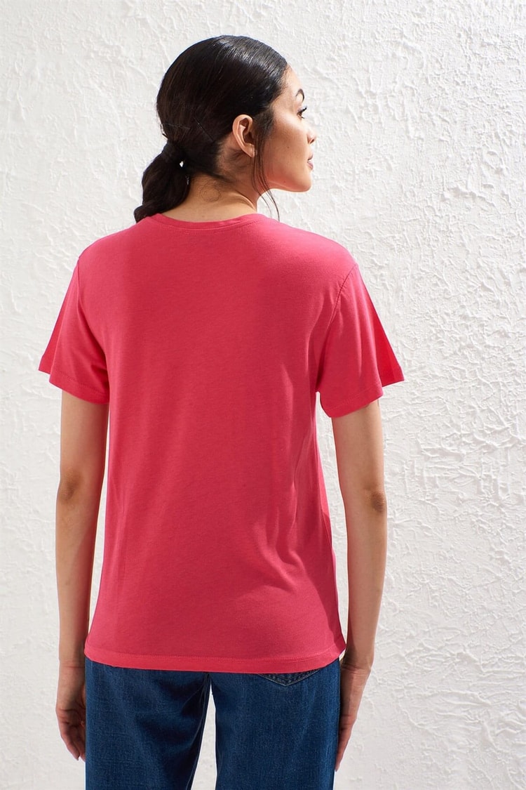 Fuşya Bisiklet Yaka Kısa Kol Baskılı T-ShirtST050S7115102