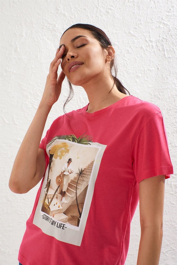 Fuşya Bisiklet Yaka Kısa Kol Baskılı T-ShirtST050S7115102