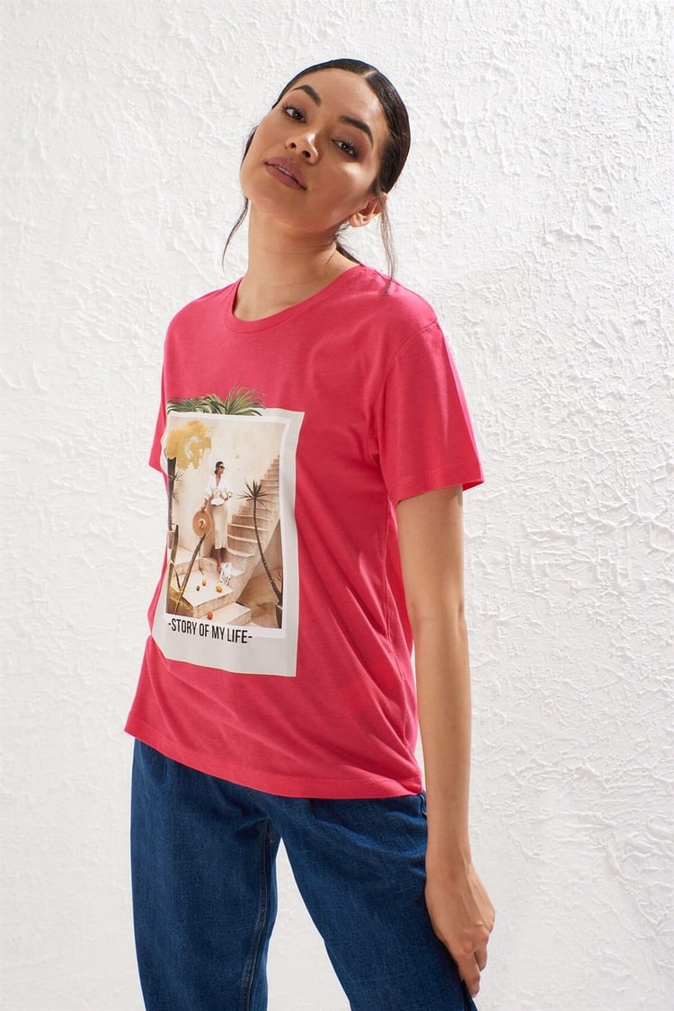 Fuşya Bisiklet Yaka Kısa Kol Baskılı T-ShirtST050S7115102