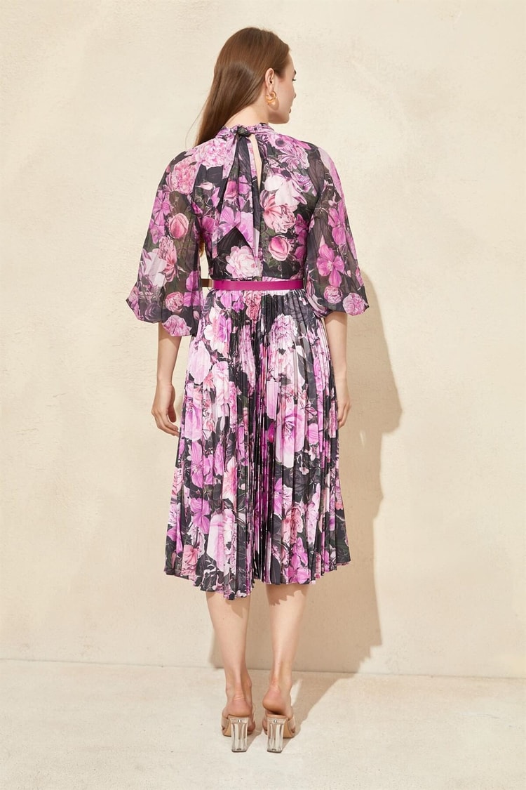 Fuşya Floral Desen Piliseli ElbiseST050W40375007