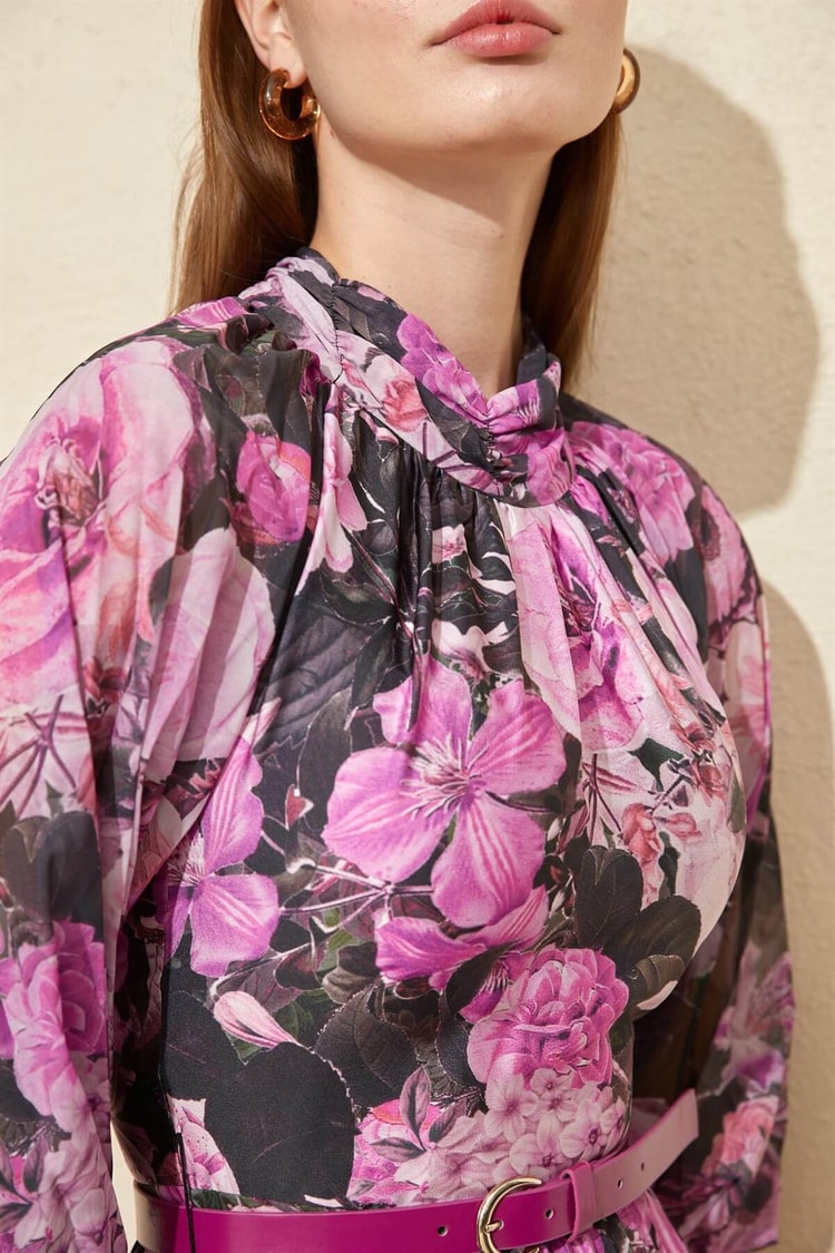 Fuşya Floral Desen Piliseli ElbiseST050W40375007