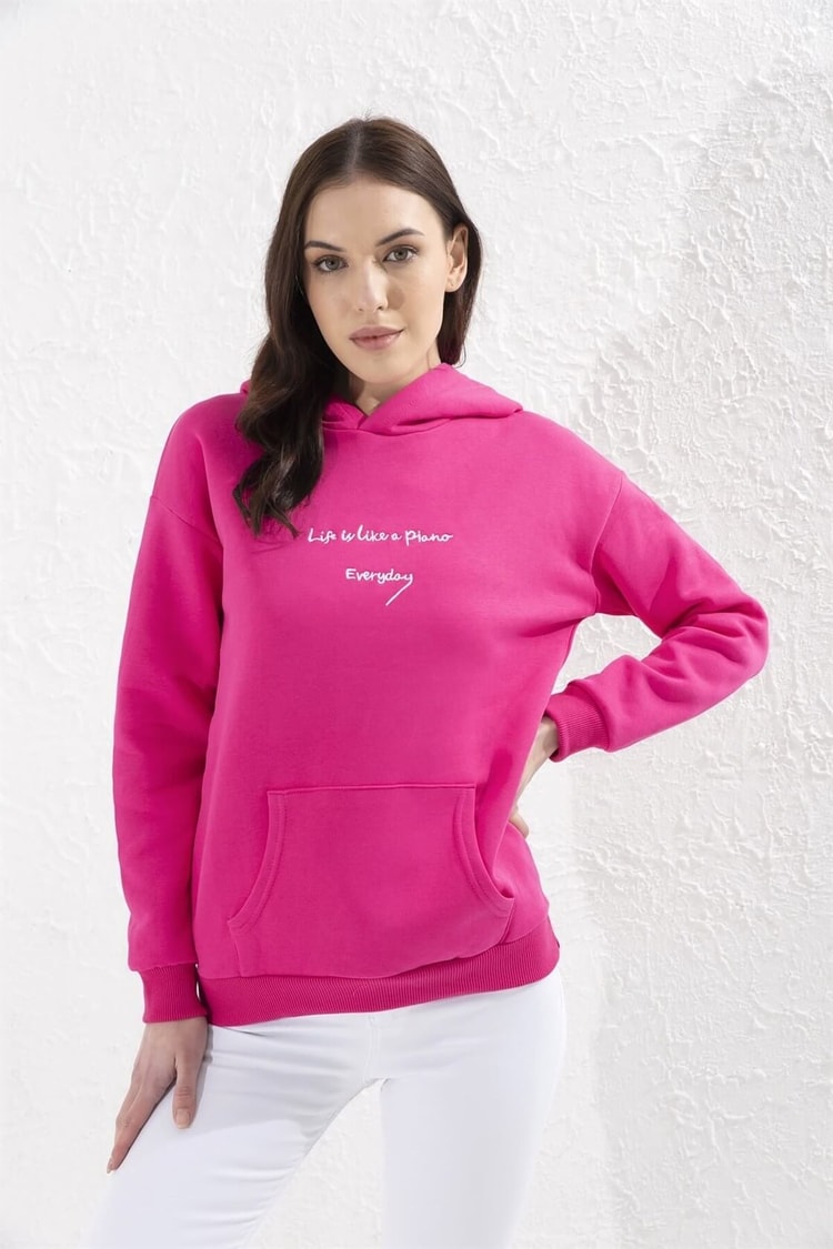 Fuşya Kapüşonlu Sloganlı Uzun Kol Celi S-ShirtST050W7203803