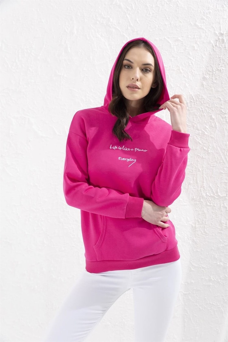 Fuşya Kapüşonlu Sloganlı Uzun Kol Celi S-ShirtST050W7203803