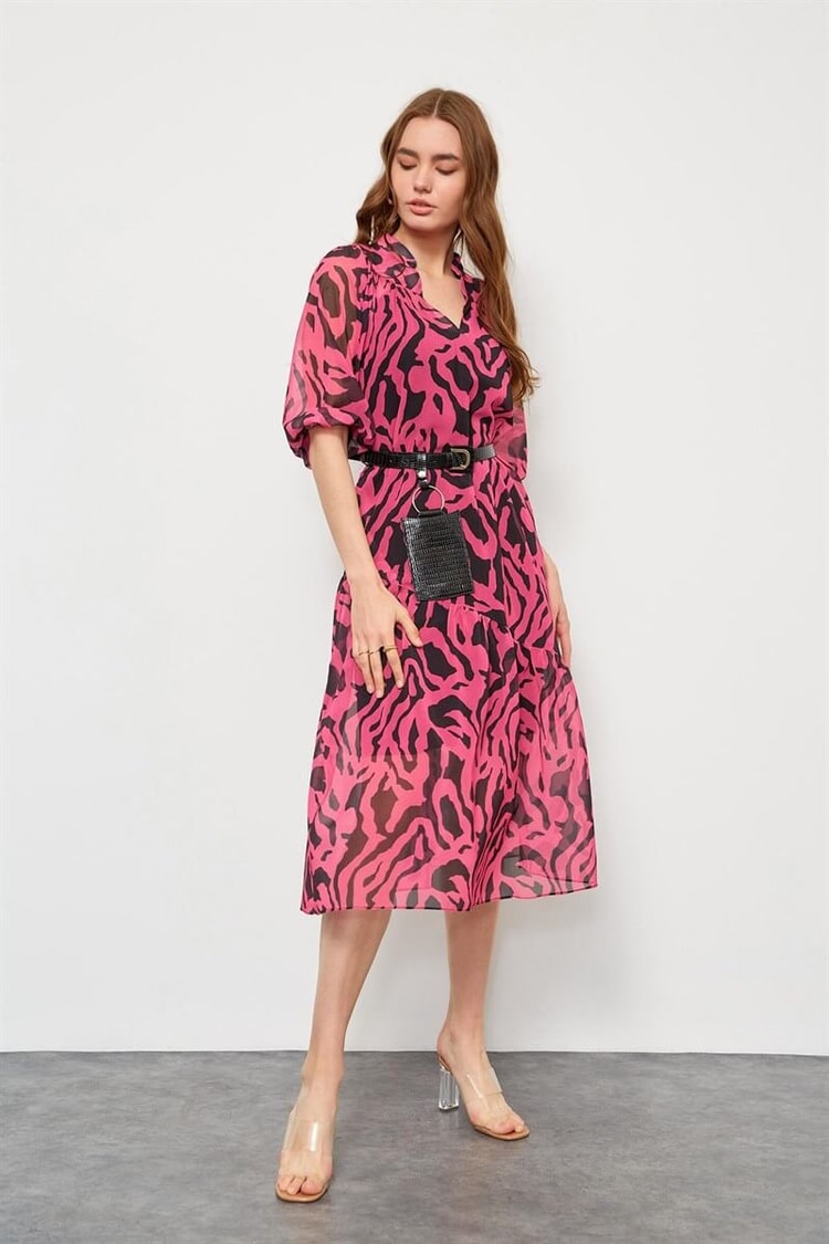 Fuşya Kemerli Zebra Desen ElbiseST060S40107502