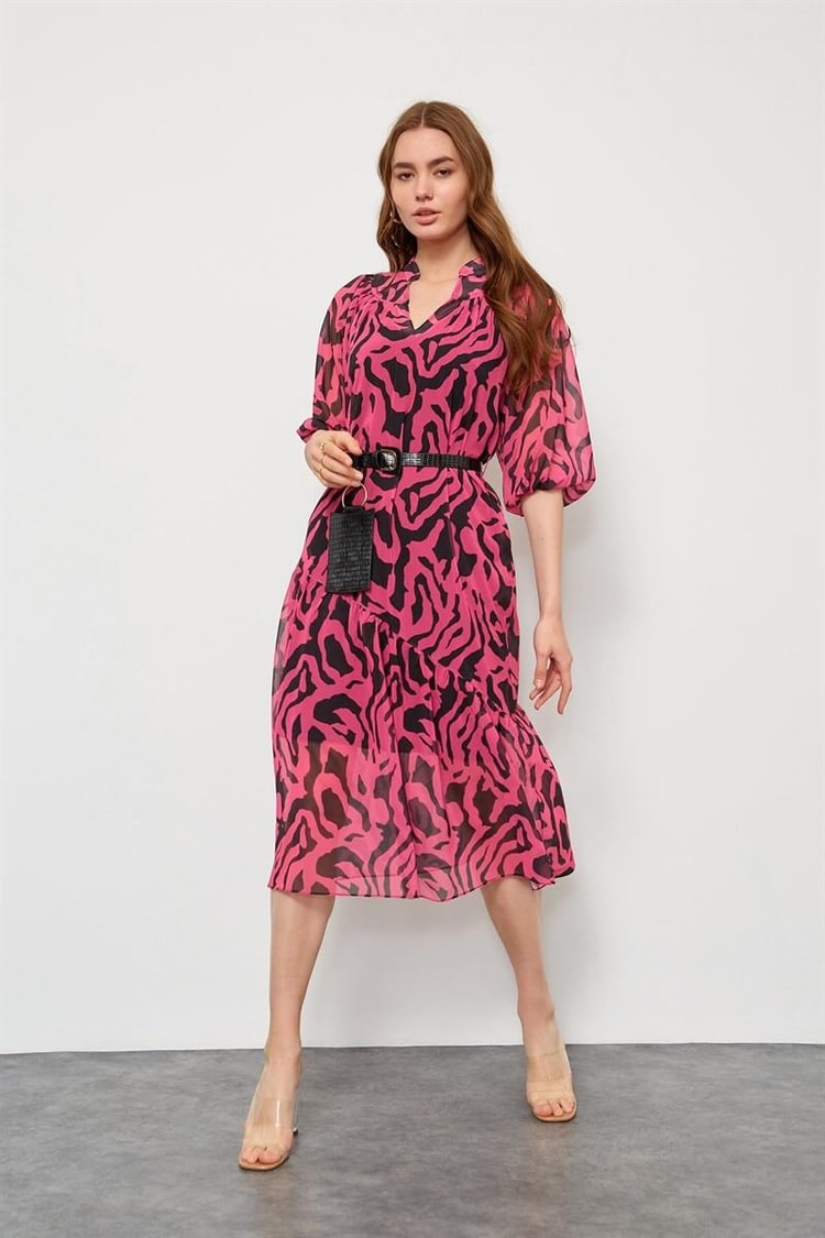 Fuşya Kemerli Zebra Desen ElbiseST060S40107502