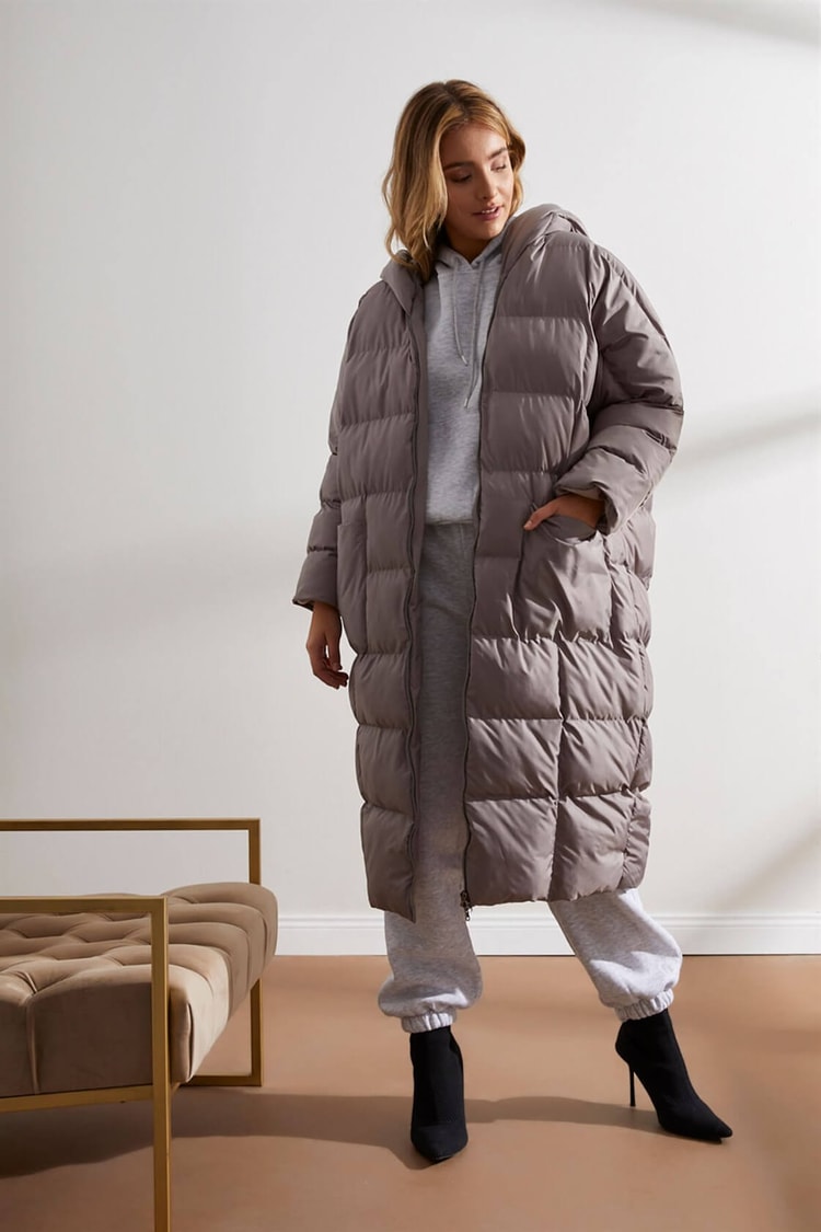 Gri Kapüşonlu Uzun Puffer MontST050W6411401