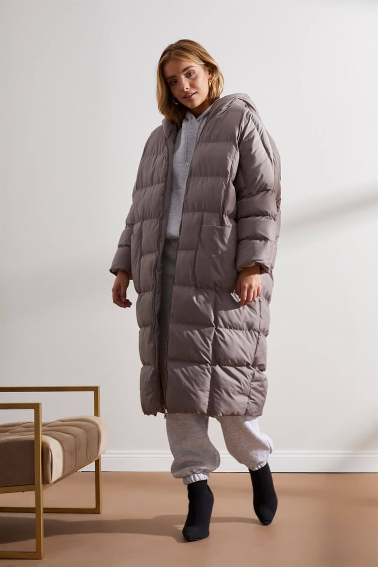 Gri Kapüşonlu Uzun Puffer MontST050W6411401