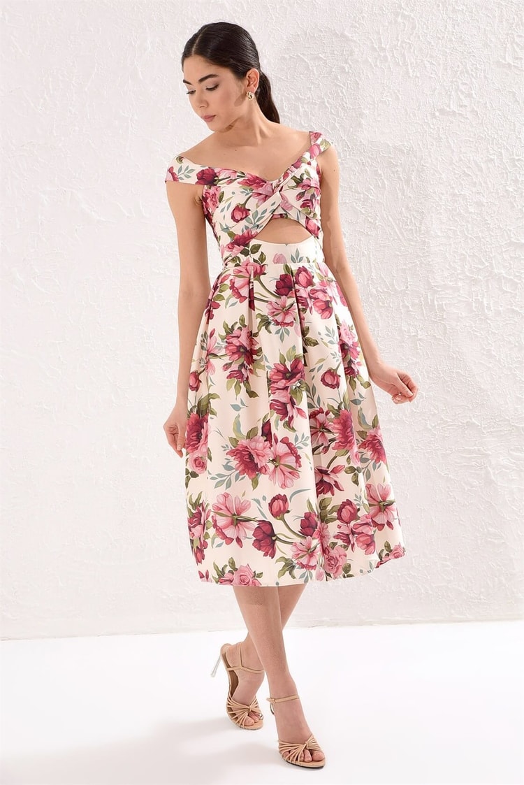 Gül Kurusu 1ym2eel0478  Düşük Kol Pencereli Volan Etek Diz Altı Midi Boy Floral Desen ElbiseST040S404781