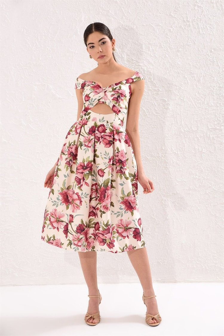 Gül Kurusu 1ym2eel0478  Düşük Kol Pencereli Volan Etek Diz Altı Midi Boy Floral Desen ElbiseST040S404781