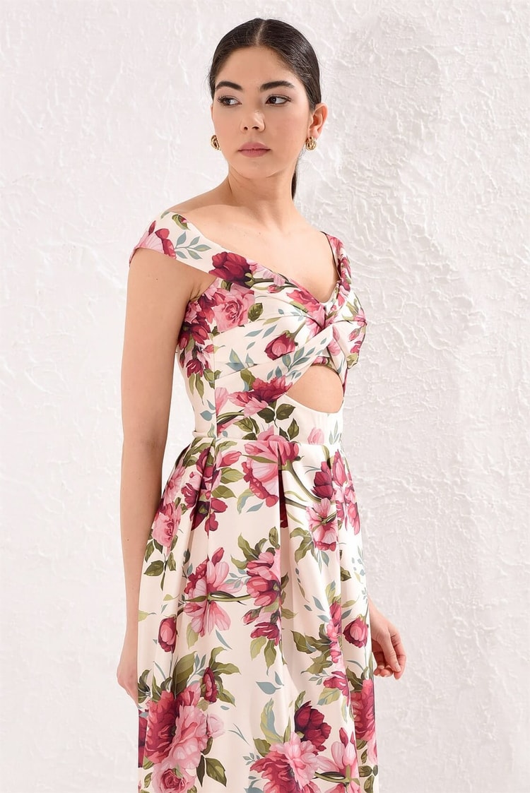 Gül Kurusu 1ym2eel0478  Düşük Kol Pencereli Volan Etek Diz Altı Midi Boy Floral Desen ElbiseST040S404781