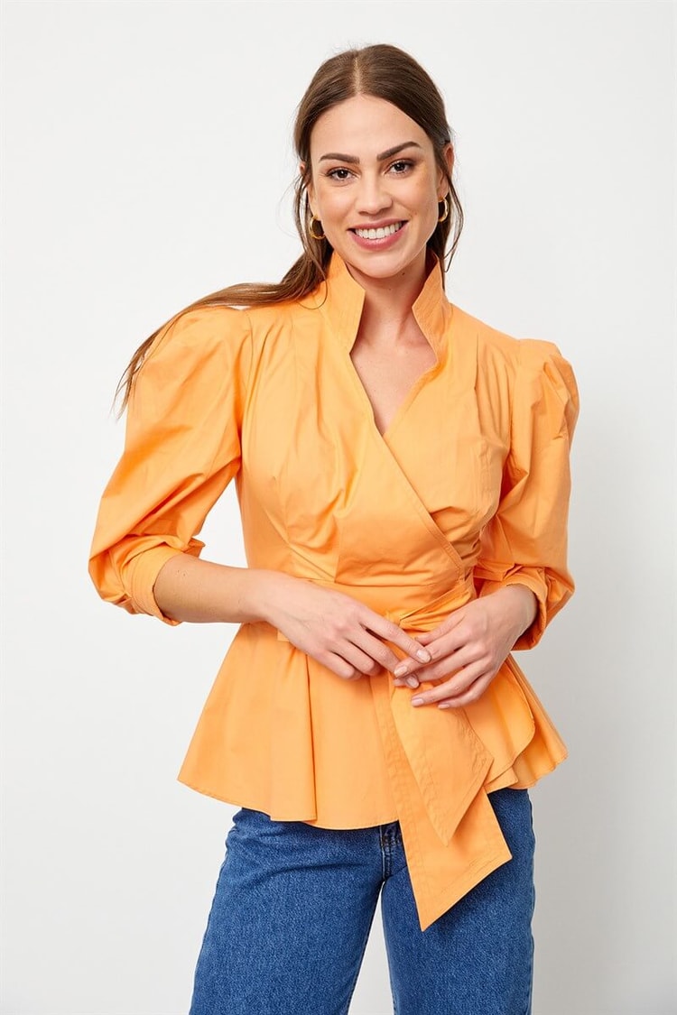 Güneş Turuncusu Bağcık Detaylı Poplin BluzST060S3051901