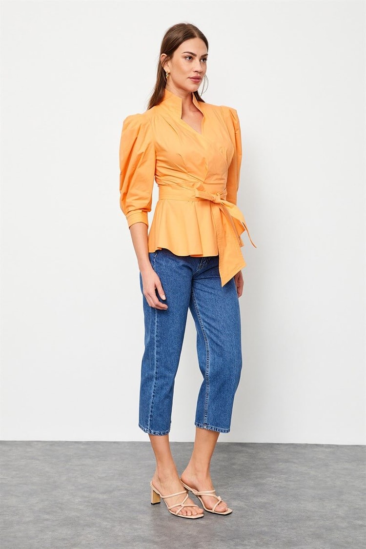 Güneş Turuncusu Bağcık Detaylı Poplin BluzST060S3051901