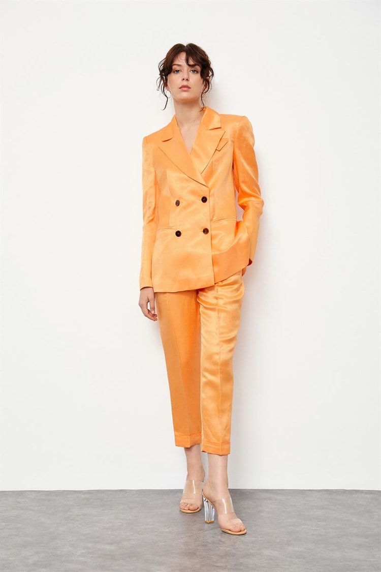 Güneş Turuncusu Keten Rayon Ceket Yüksek Bel Pantolon Takım ST050S6007101
