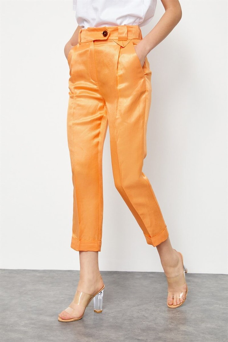 Güneş Turuncusu Keten Rayon Ceket Yüksek Bel Pantolon Takım ST050S6007101