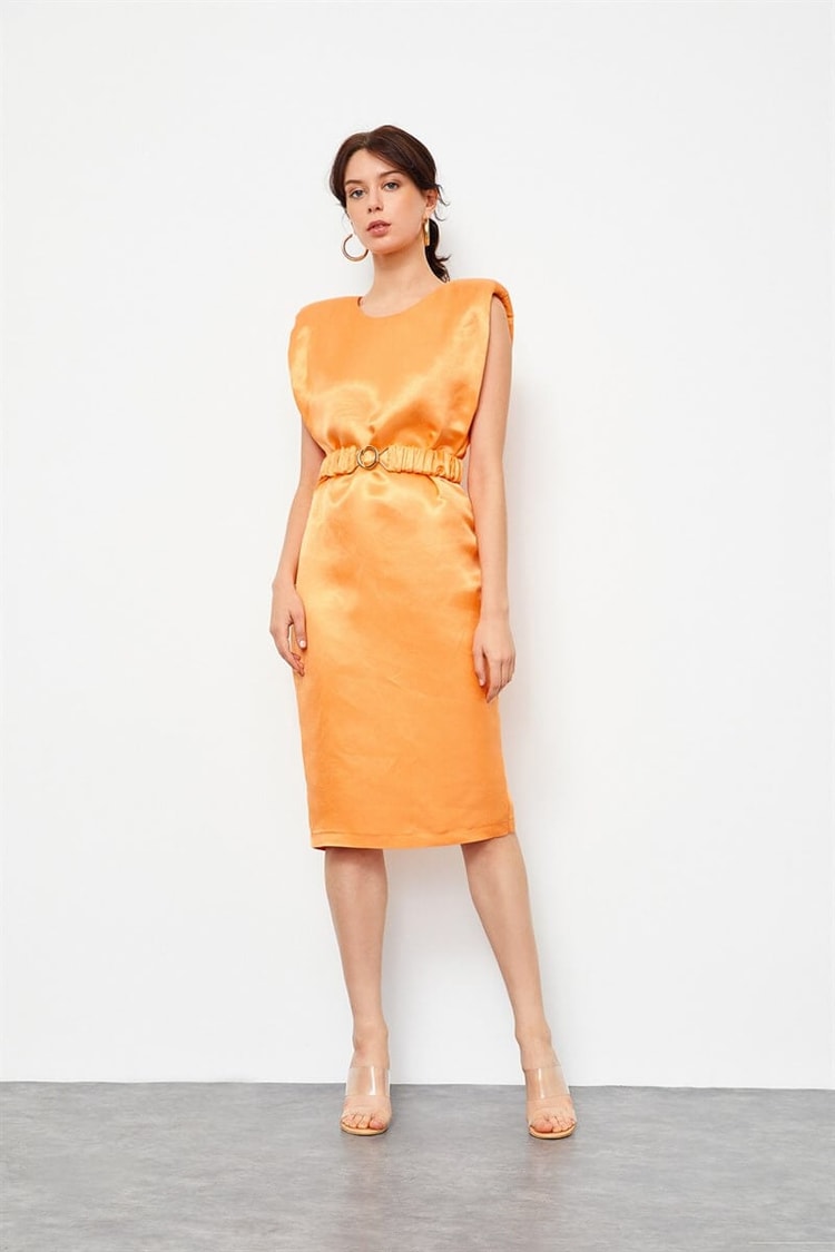 Güneş Turuncusu Keten Rayon Kemerli Parlak ElbiseST060S4097601