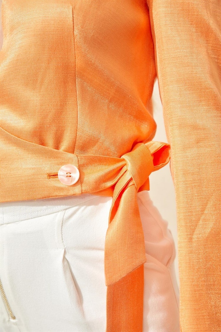 Güneş Turuncusu Keten Rayon Kruvaze Parlak V Yaka CeketST060S9021201