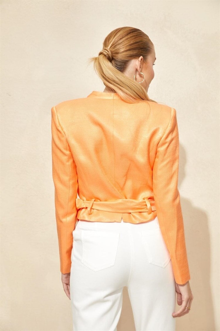 Güneş Turuncusu Keten Rayon Kruvaze Parlak V Yaka CeketST060S9021201