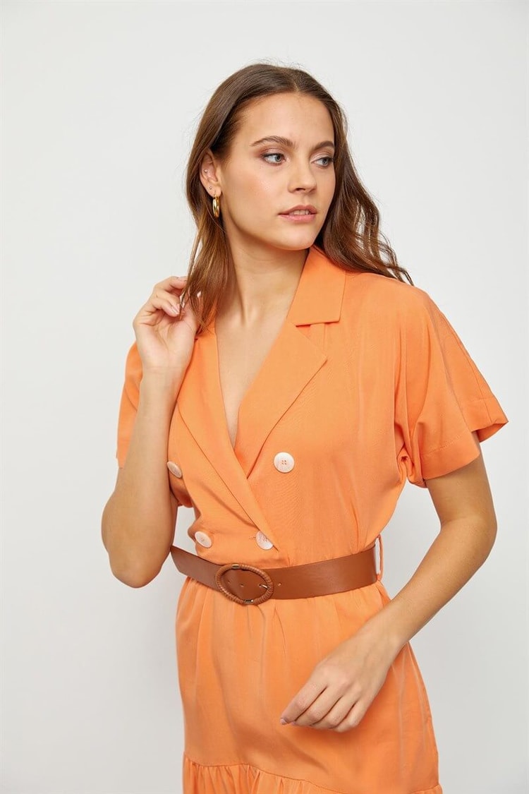 Güneş Turuncusu Modal Rayon Düğme Detaylı Diz Altı ElbiseST060S4010091