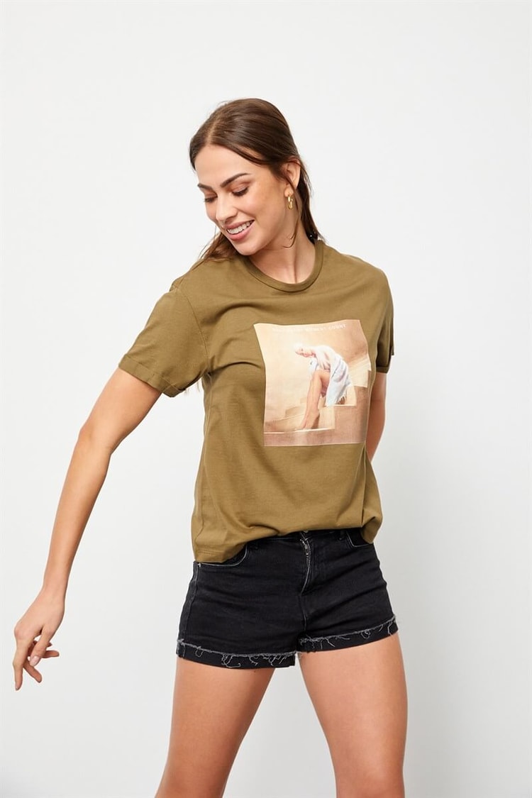 Haki Bisiklet Yaka Baskılı Pamuk T-ShirtST060S71160012