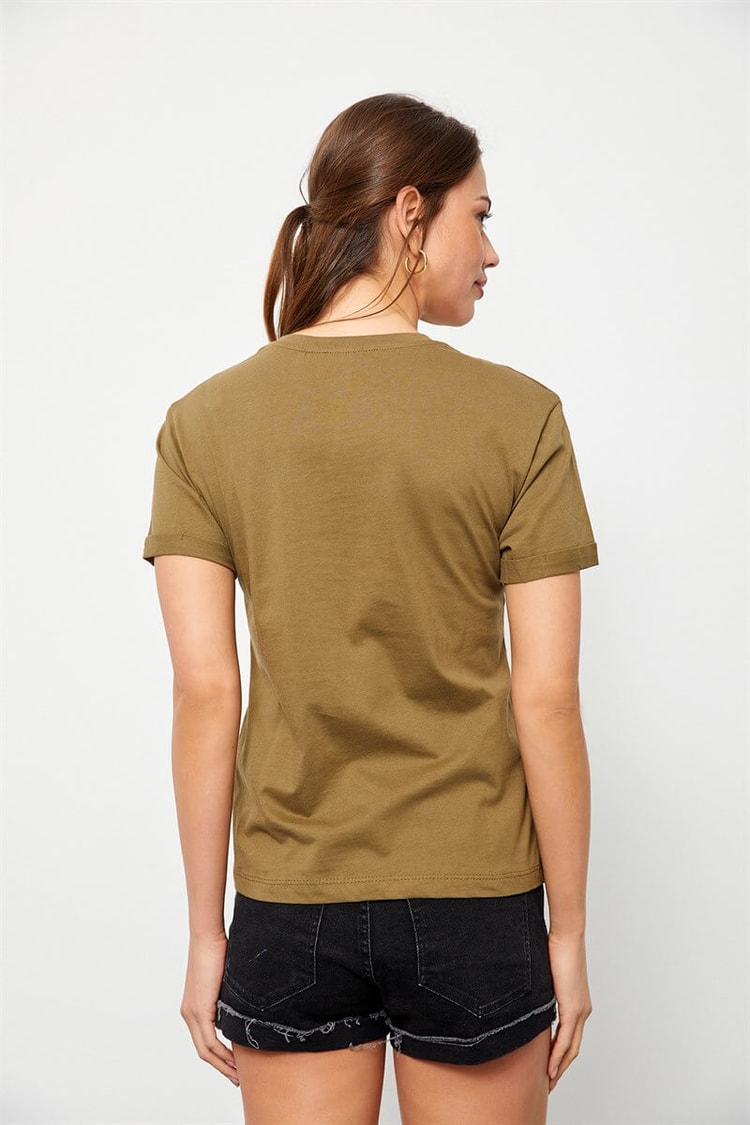Haki Bisiklet Yaka Baskılı Pamuk T-ShirtST060S71160012