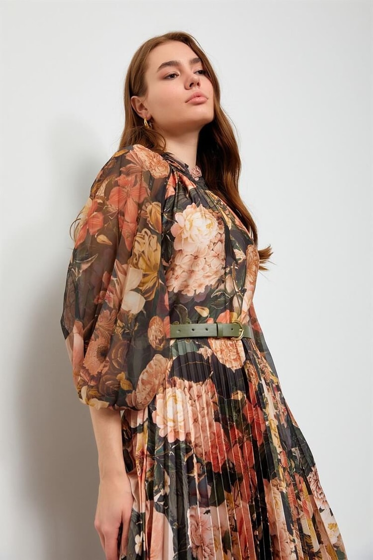 Haki Floral Desenli Kemerli Piliseli ElbiseST050W40375007