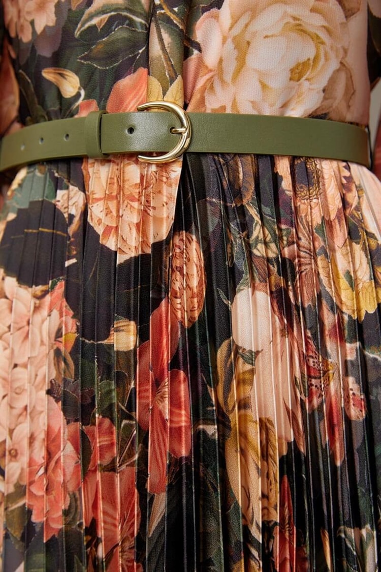 Haki Floral Desenli Kemerli Piliseli ElbiseST050W40375007