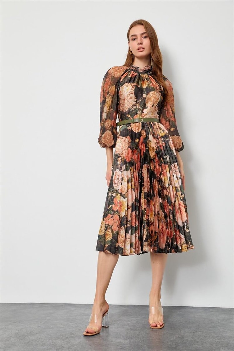 Haki Floral Desenli Kemerli Piliseli ElbiseST050W40375007