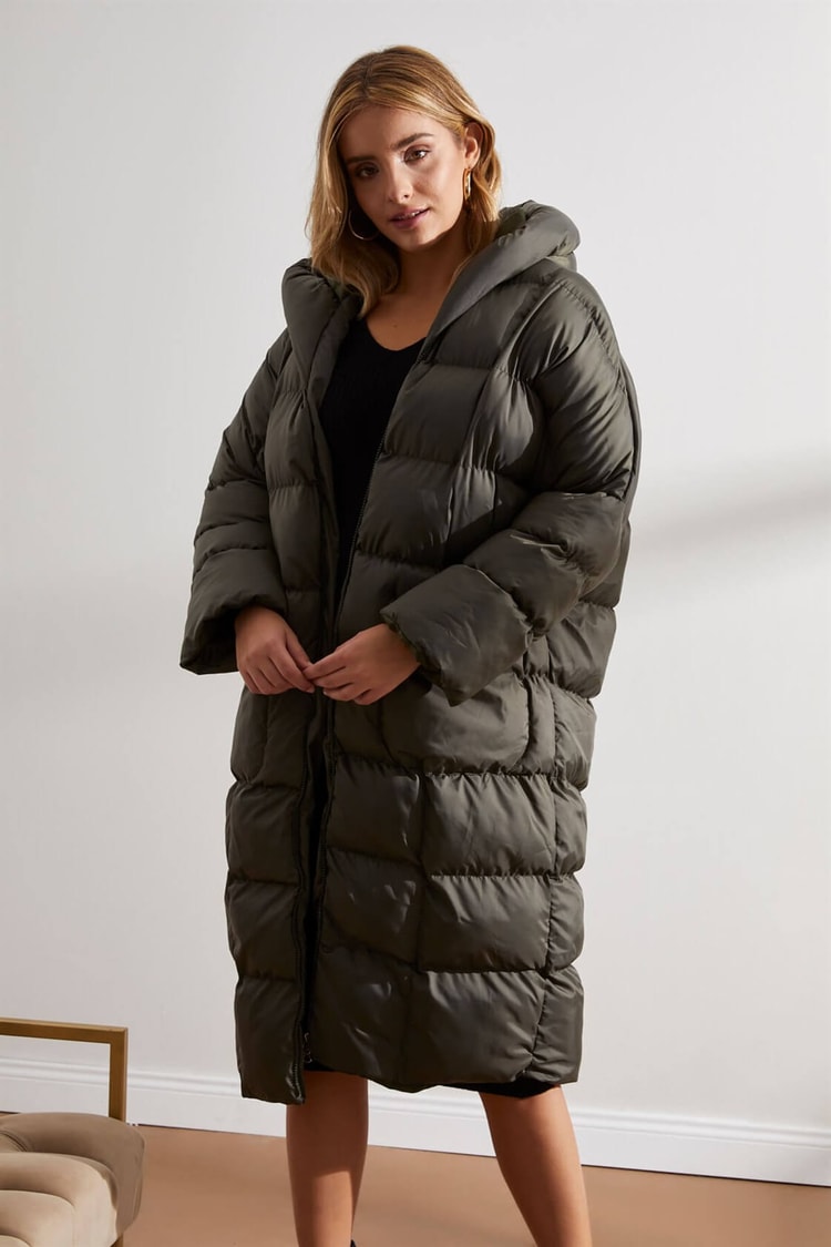 Haki Kapüşonlu Uzun Puffer MontST050W6411401
