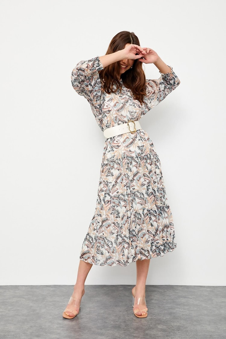Haki Piliseli Ve Kemerli Floral Desen ElbiseST060S40106701