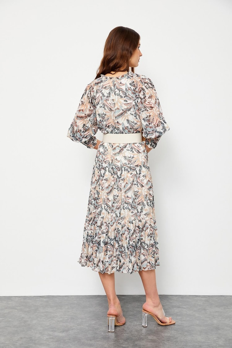 Haki Piliseli Ve Kemerli Floral Desen ElbiseST060S40106701