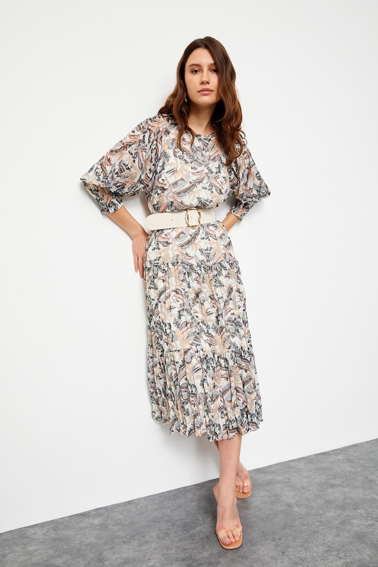 Haki Piliseli Ve Kemerli Floral Desen ElbiseST060S40106701