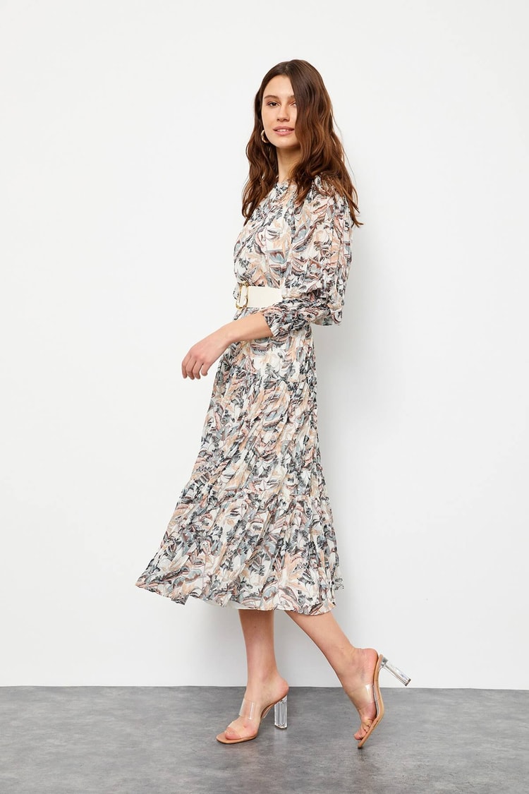 Haki Piliseli Ve Kemerli Floral Desen ElbiseST060S40106701