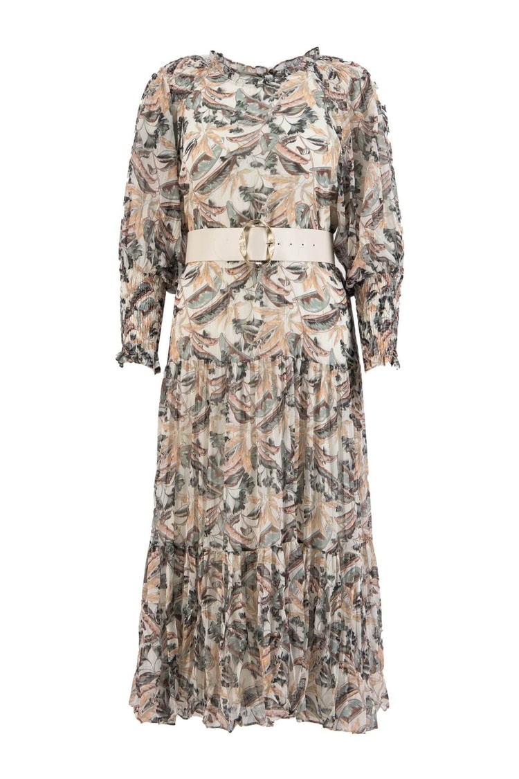 Haki Piliseli Ve Kemerli Floral Desen ElbiseST060S40106701