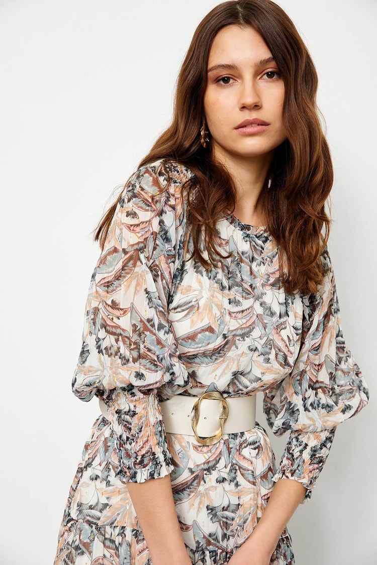 Haki Piliseli Ve Kemerli Floral Desen ElbiseST060S40106701
